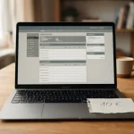 Laptop mit neutraler Wettplattform und symbolischer 10-Euro-Markierung auf aufgeräumtem Schreibtisch
