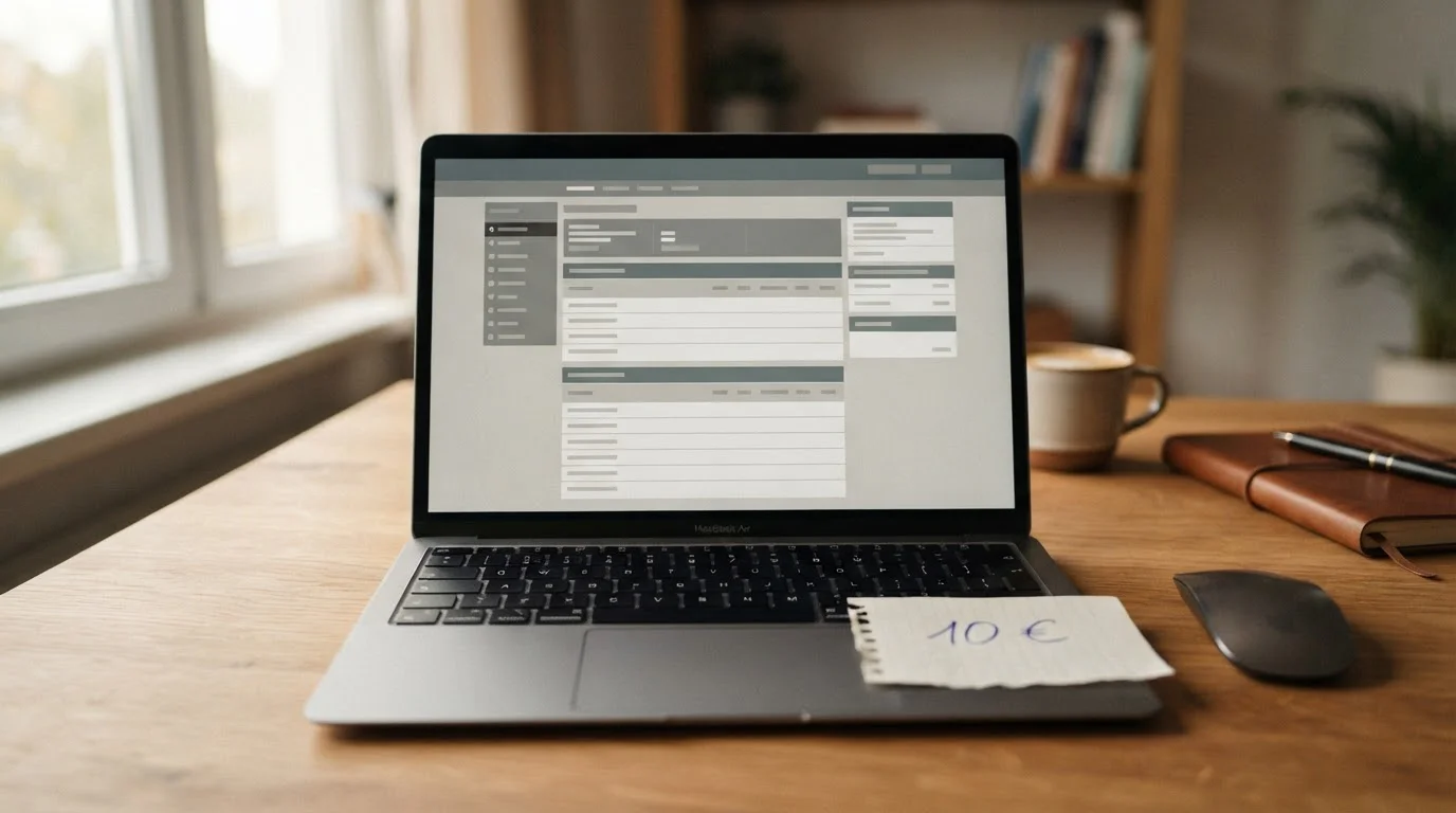 Laptop mit neutraler Wettplattform und symbolischer 10-Euro-Markierung auf aufgeräumtem Schreibtisch