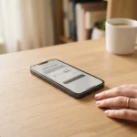 Smartphone mit Sportwetten-App und Einzahlungsbildschirm für 20 Euro auf hellem Holztisch