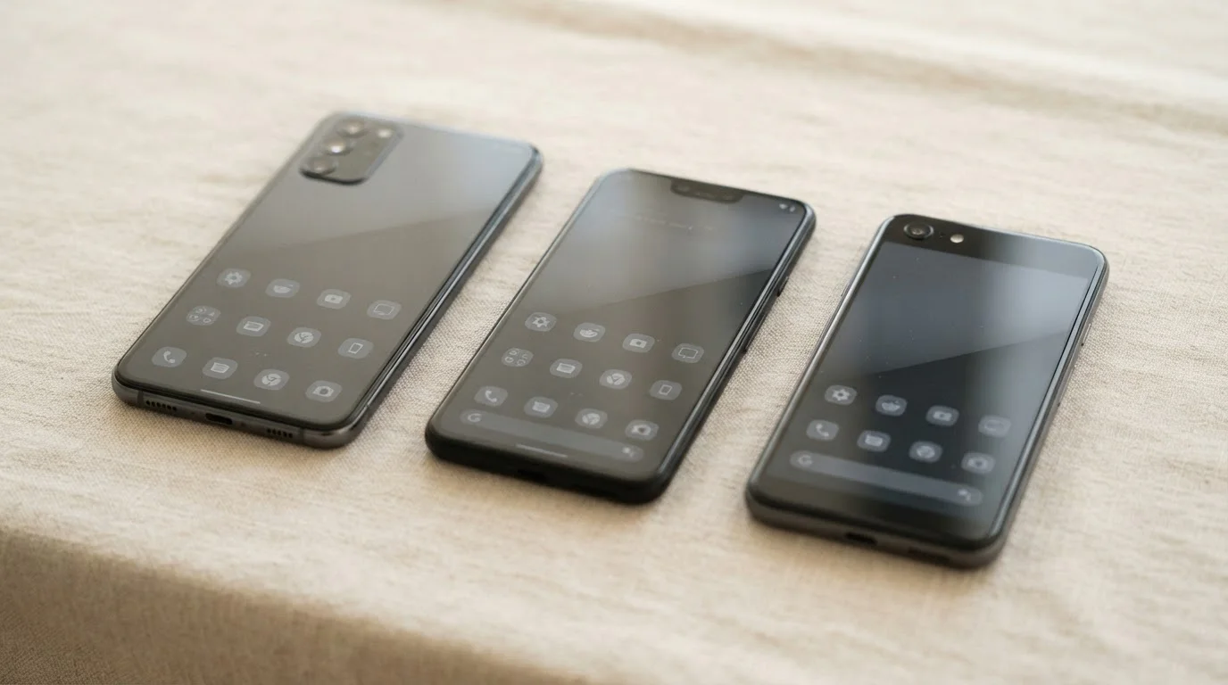Verschiedene Android-Smartphones unterschiedlicher Generationen nebeneinander auf hellem Untergrund