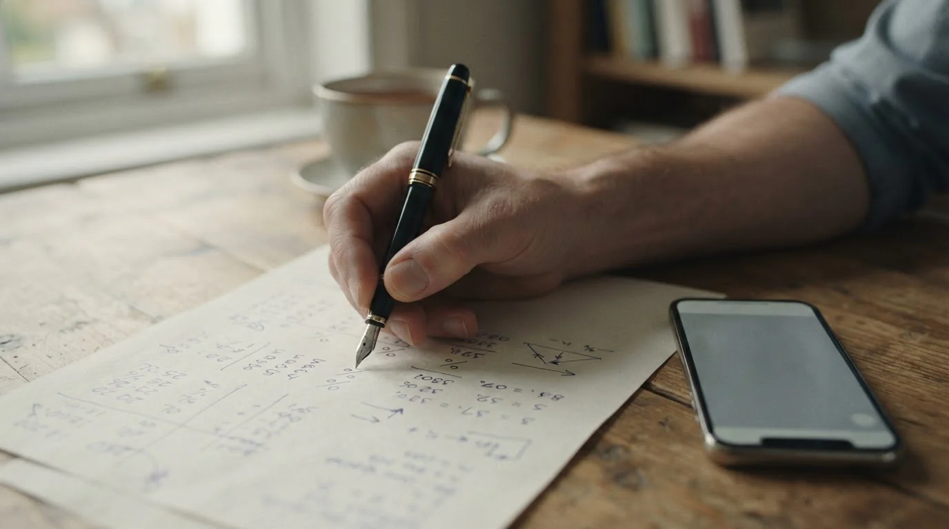 Hand mit Stift bei der Berechnung von Bonusbedingungen auf Papier