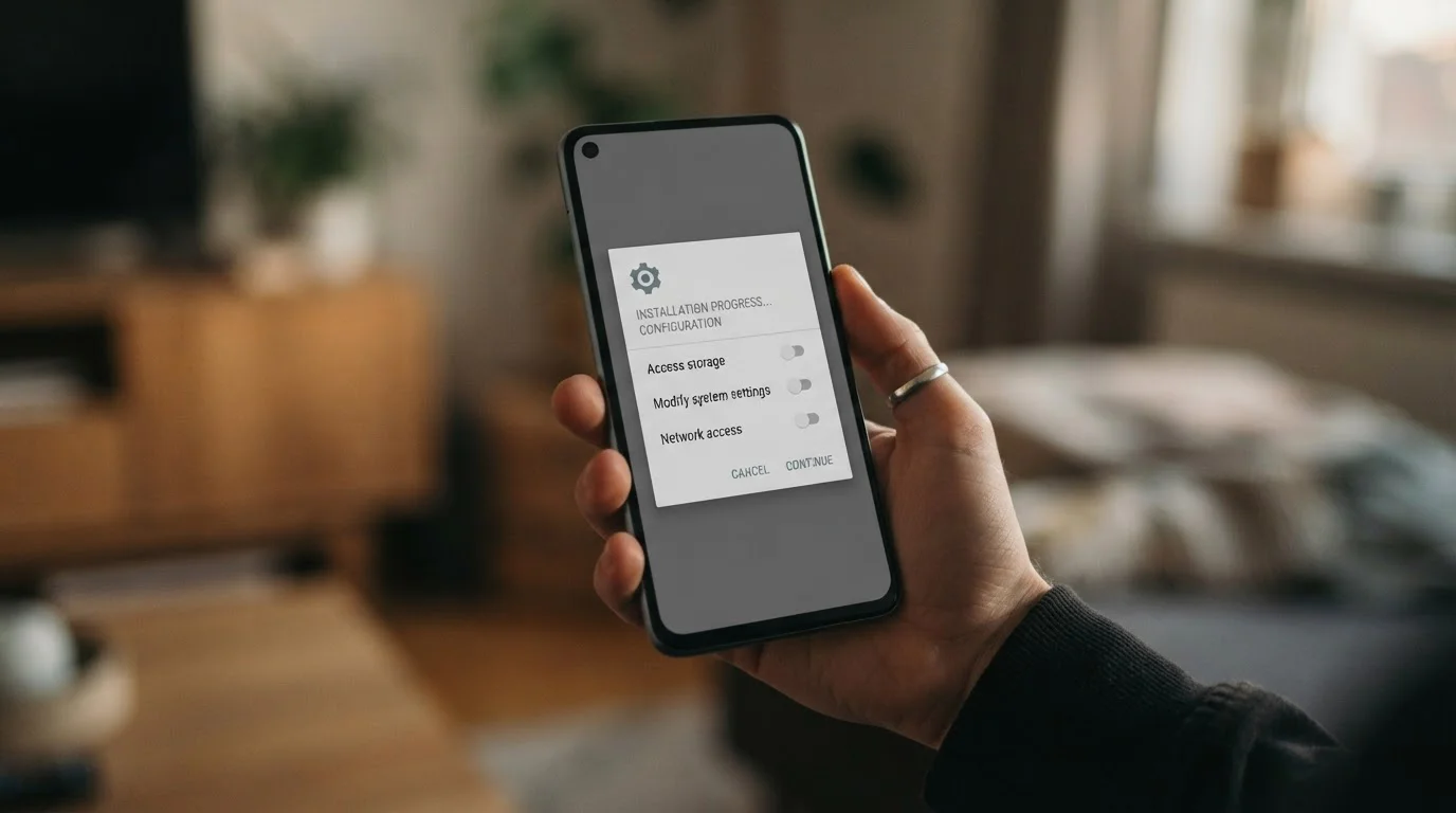 Smartphone-Bildschirm zeigt abstrakten Installations-Dialog für eine Android-App