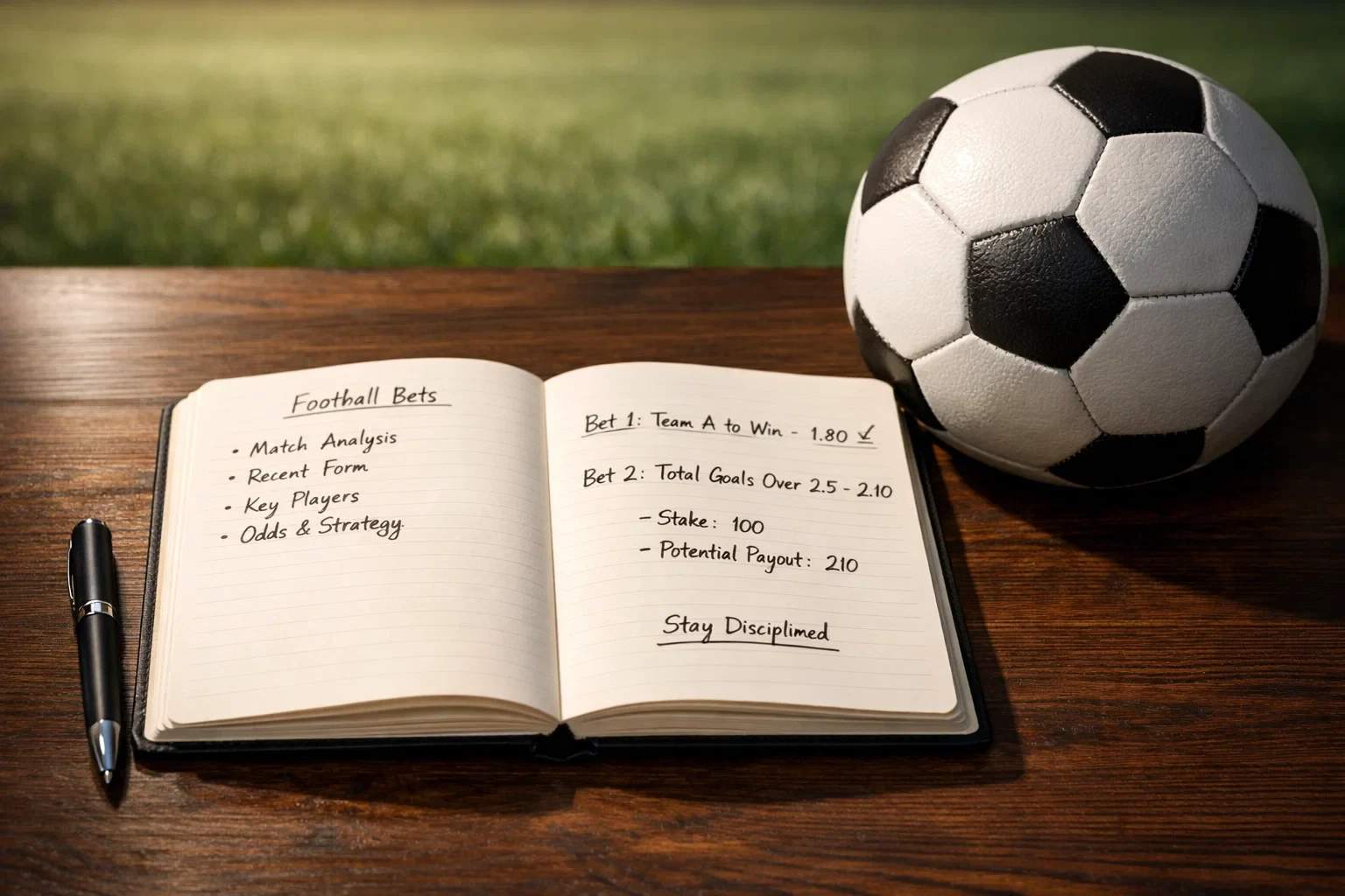 Notizbuch mit Wettstrategie und Stift auf einem Schreibtisch neben einem Fußball