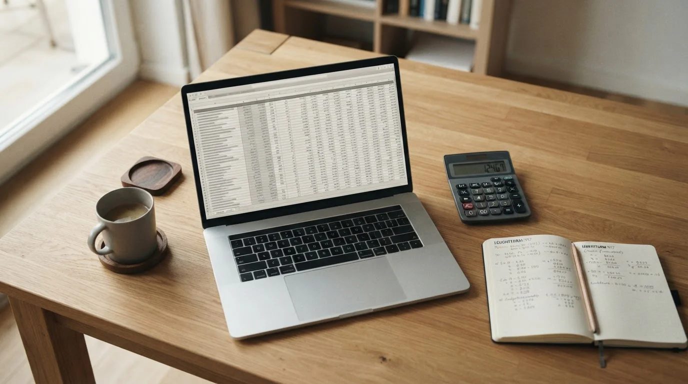 Laptop mit Wettquoten-Vergleichstabelle und Taschenrechner auf Schreibtisch