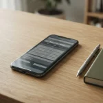 Smartphone mit Wett-App auf einem Schreibtisch neben Notizblock und Stift