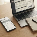 Smartphone mit PayPal-App neben Laptop auf aufgeräumtem Schreibtisch
