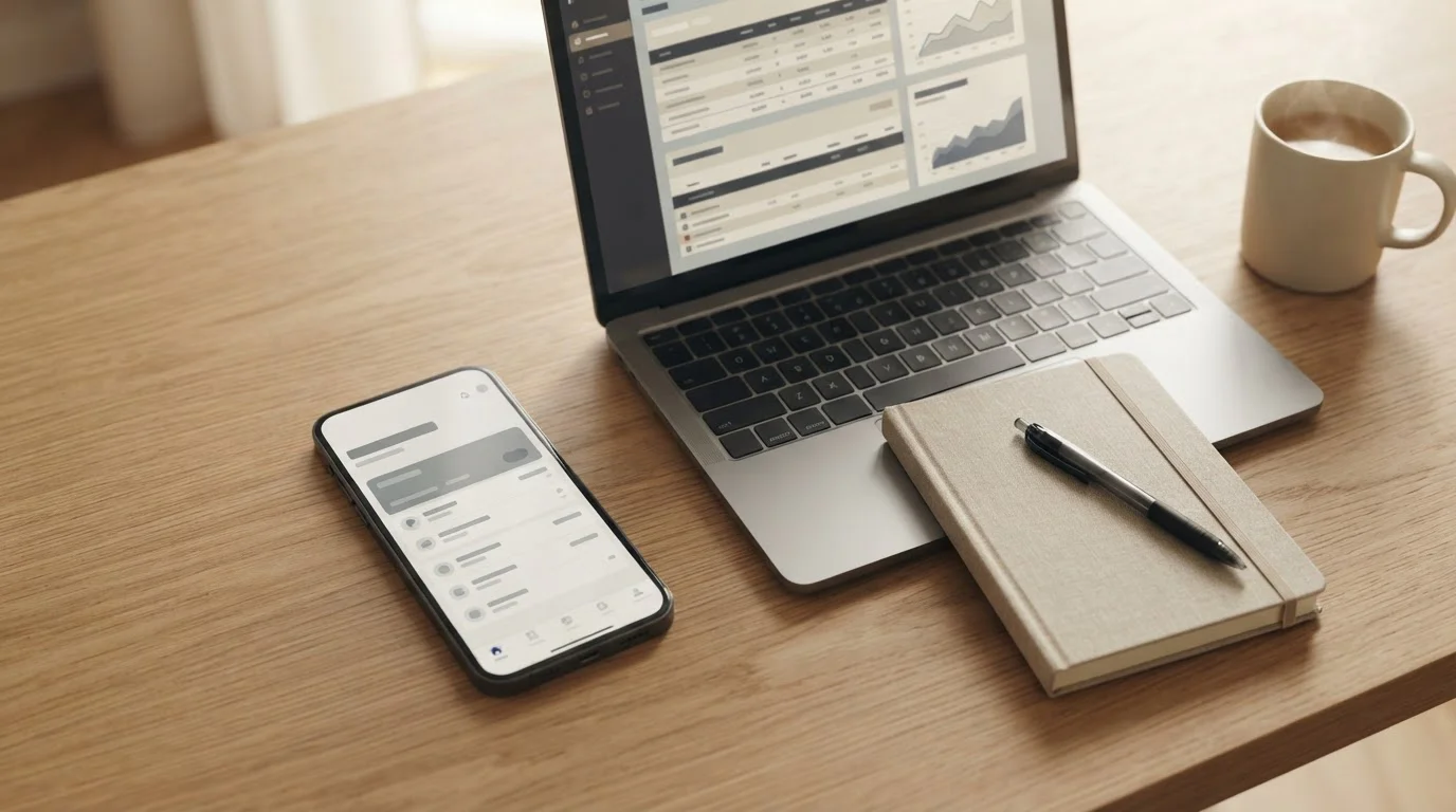 Smartphone mit PayPal-App neben Laptop auf aufgeräumtem Schreibtisch