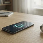 Smartphone mit Auszahlungsbestätigung auf einem Schreibtisch neben einer Uhr