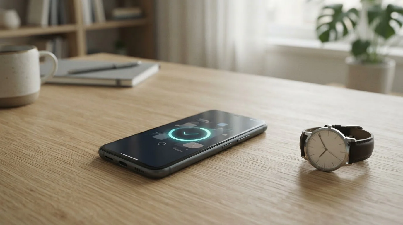 Smartphone mit Auszahlungsbestätigung auf einem Schreibtisch neben einer Uhr
