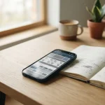 Smartphone mit neutraler Wett-App auf hellem Holztisch neben Notizblock