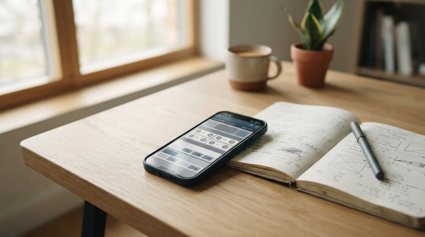 Smartphone mit neutraler Wett-App auf hellem Holztisch neben Notizblock