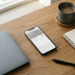 Smartphone mit Aircash-Zahlungsübersicht neben Laptop und Notizbuch auf neutralem Schreibtisch