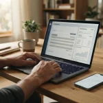 Person führt Banküberweisung am Laptop durch, Smartphone mit Banking-App daneben auf dem Schreibtisch