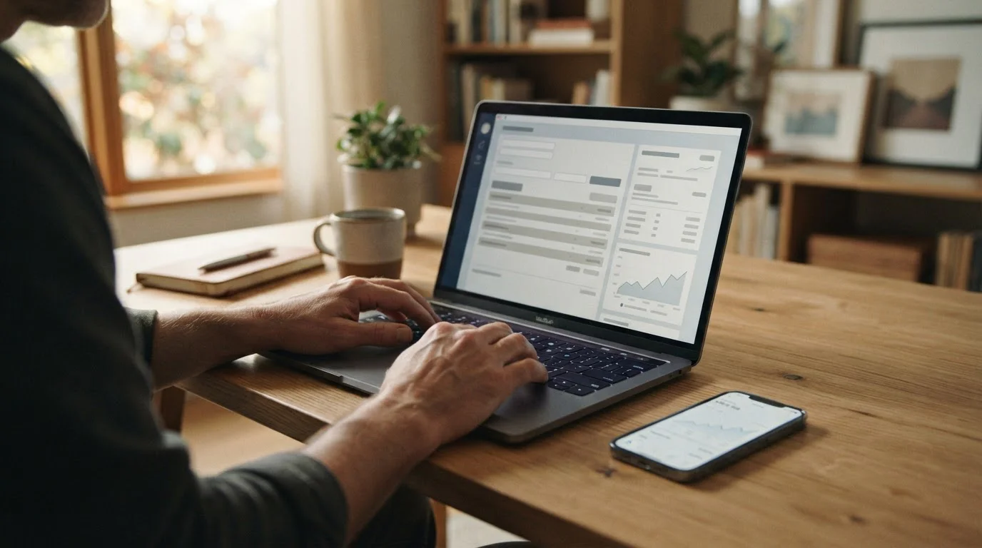 Person führt Banküberweisung am Laptop durch, Smartphone mit Banking-App daneben auf dem Schreibtisch