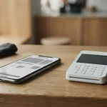 Smartphone mit Zahlungs-App neben Terminal an einer Kasse