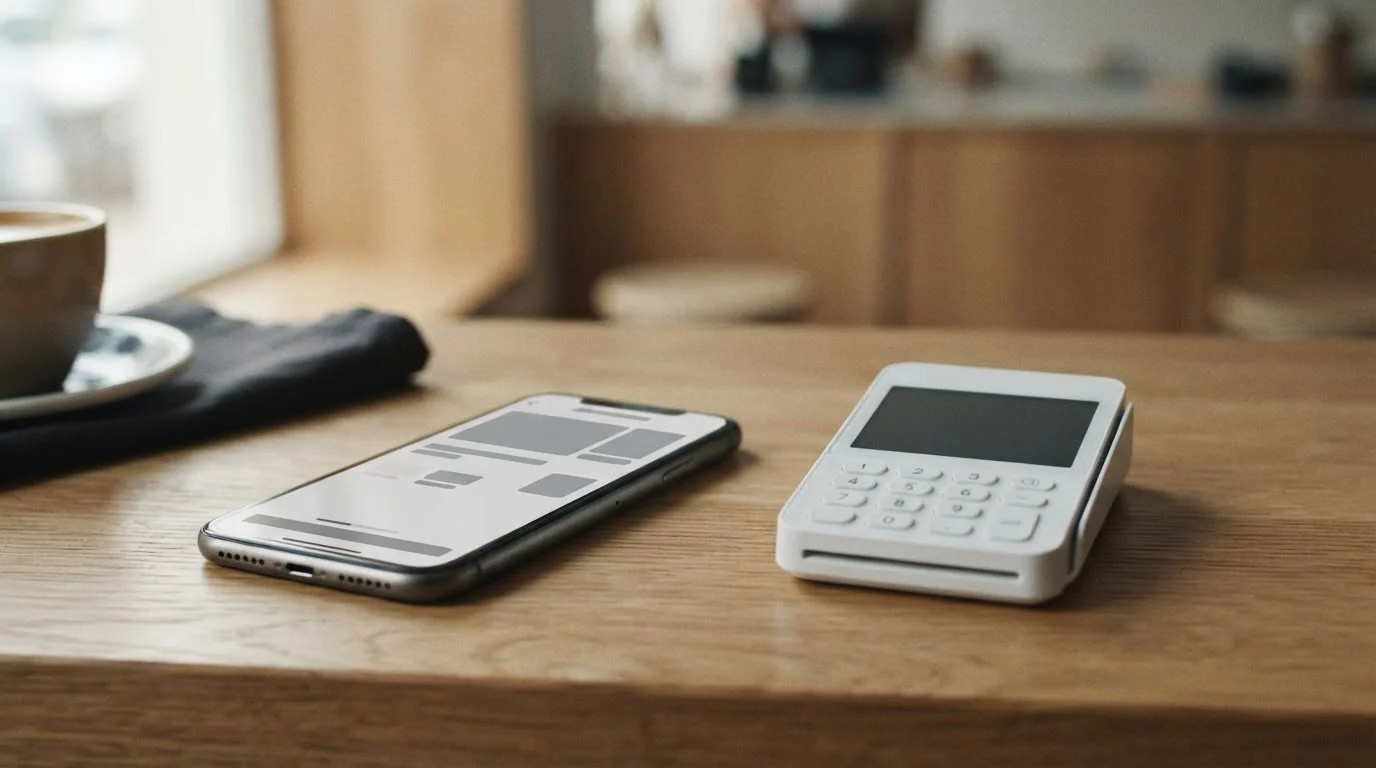 Smartphone mit Zahlungs-App neben Terminal an einer Kasse