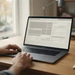 Laptop mit neutraler Wettplattform-Oberfläche auf Holztisch, dezente Beleuchtung