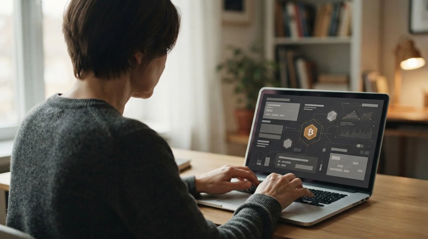 Hände an Laptop-Tastatur beim Abschluss einer Bitcoin-Transaktion