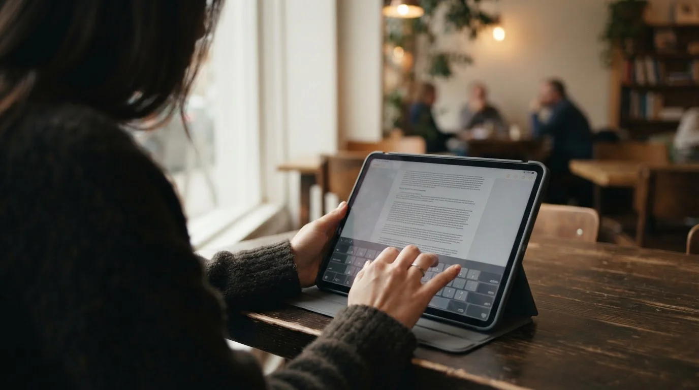 Hände tippen auf Tablet mit abstrakten Bedingungstexten auf dem Display