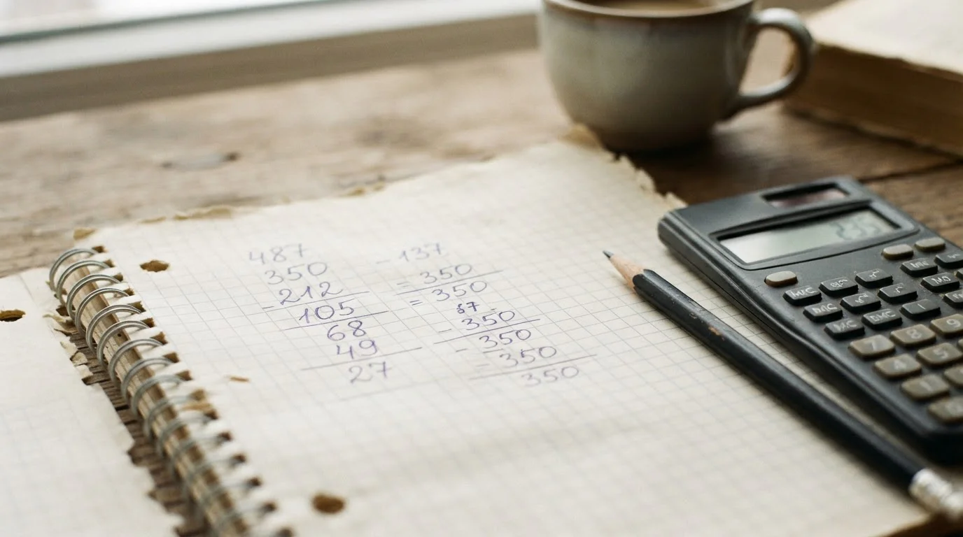 Handschriftliche Berechnung auf kariertem Papier mit Taschenrechner