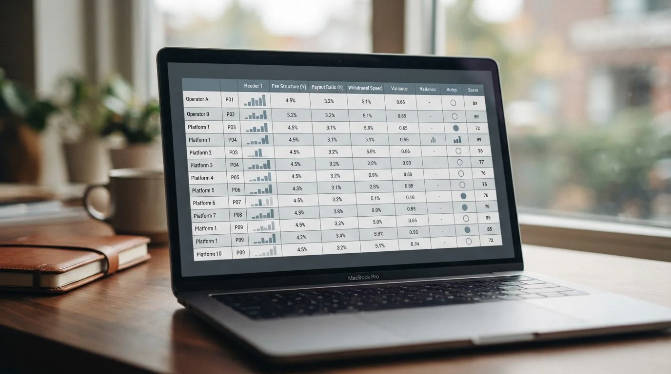 Vergleichstabelle mit verschiedenen Wettanbietern und Gebührenstrukturen auf Laptop-Bildschirm