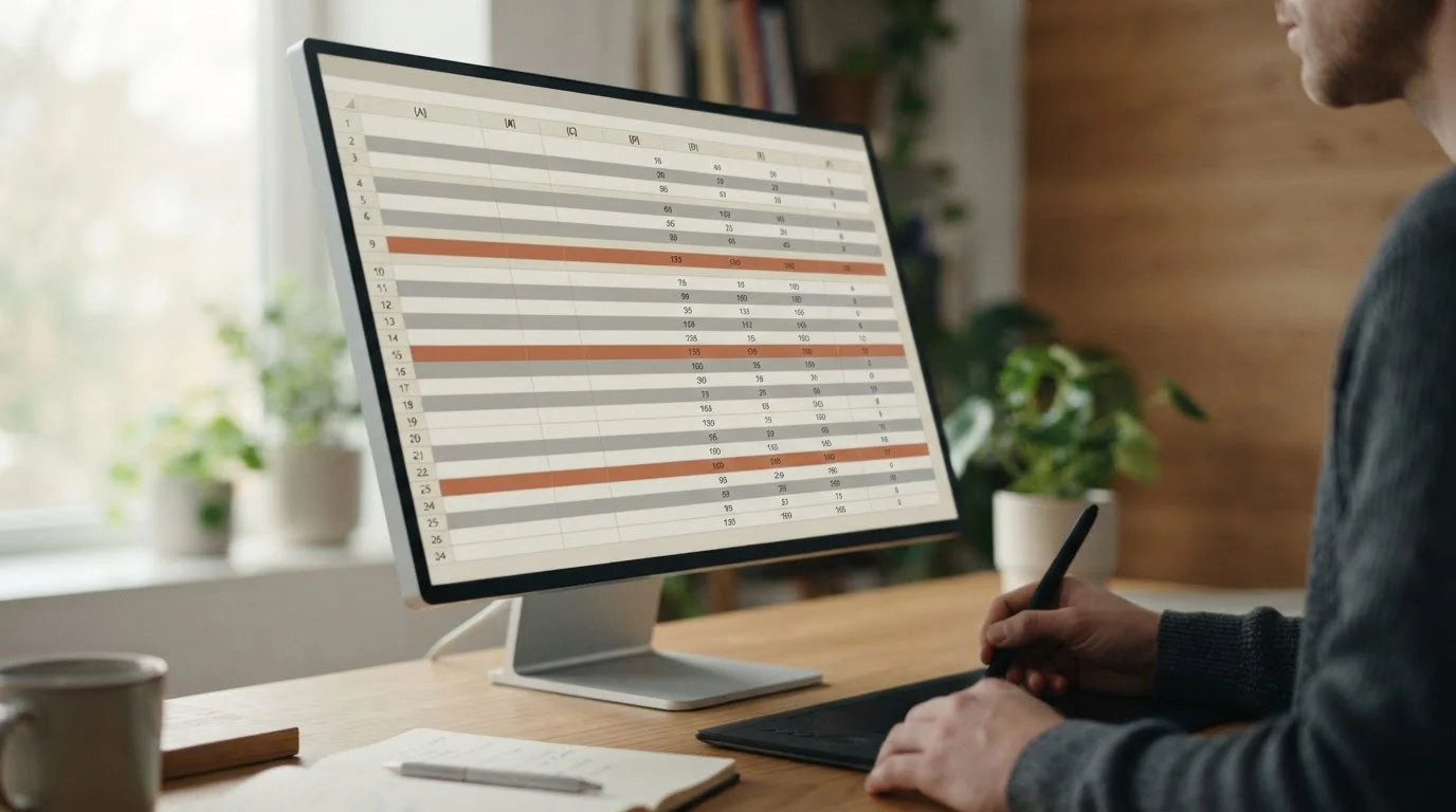 Vergleichstabelle auf Monitor mit neutralen Datenzeilen und Markierungen