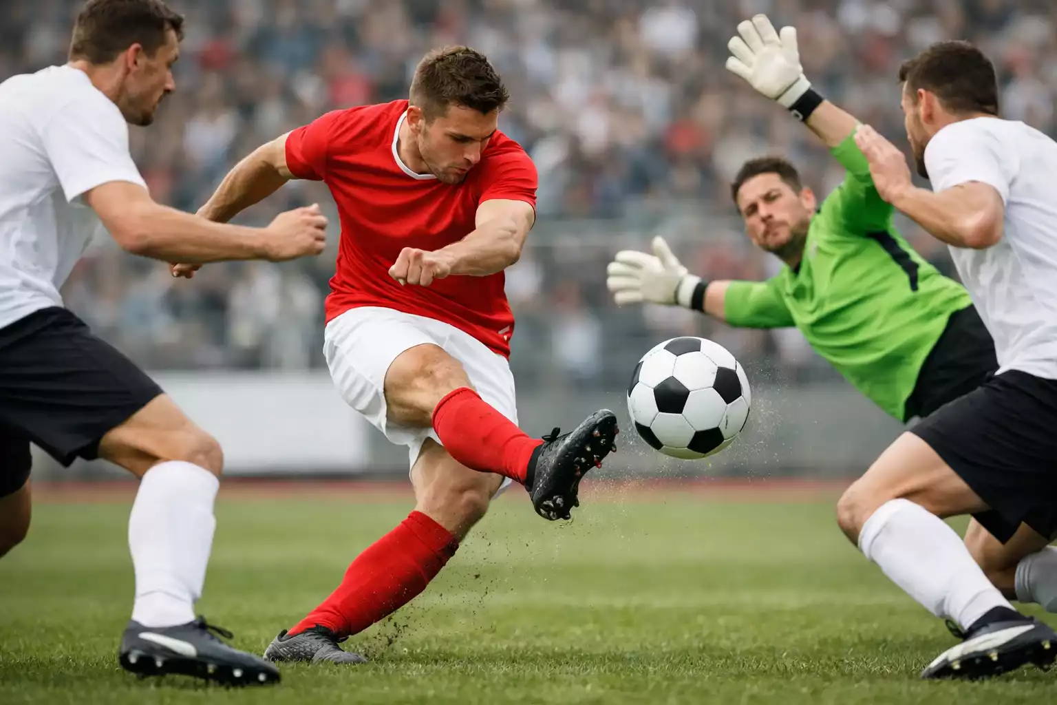 Dynamische Spielszene mit Torschuss im Bundesliga-Spiel