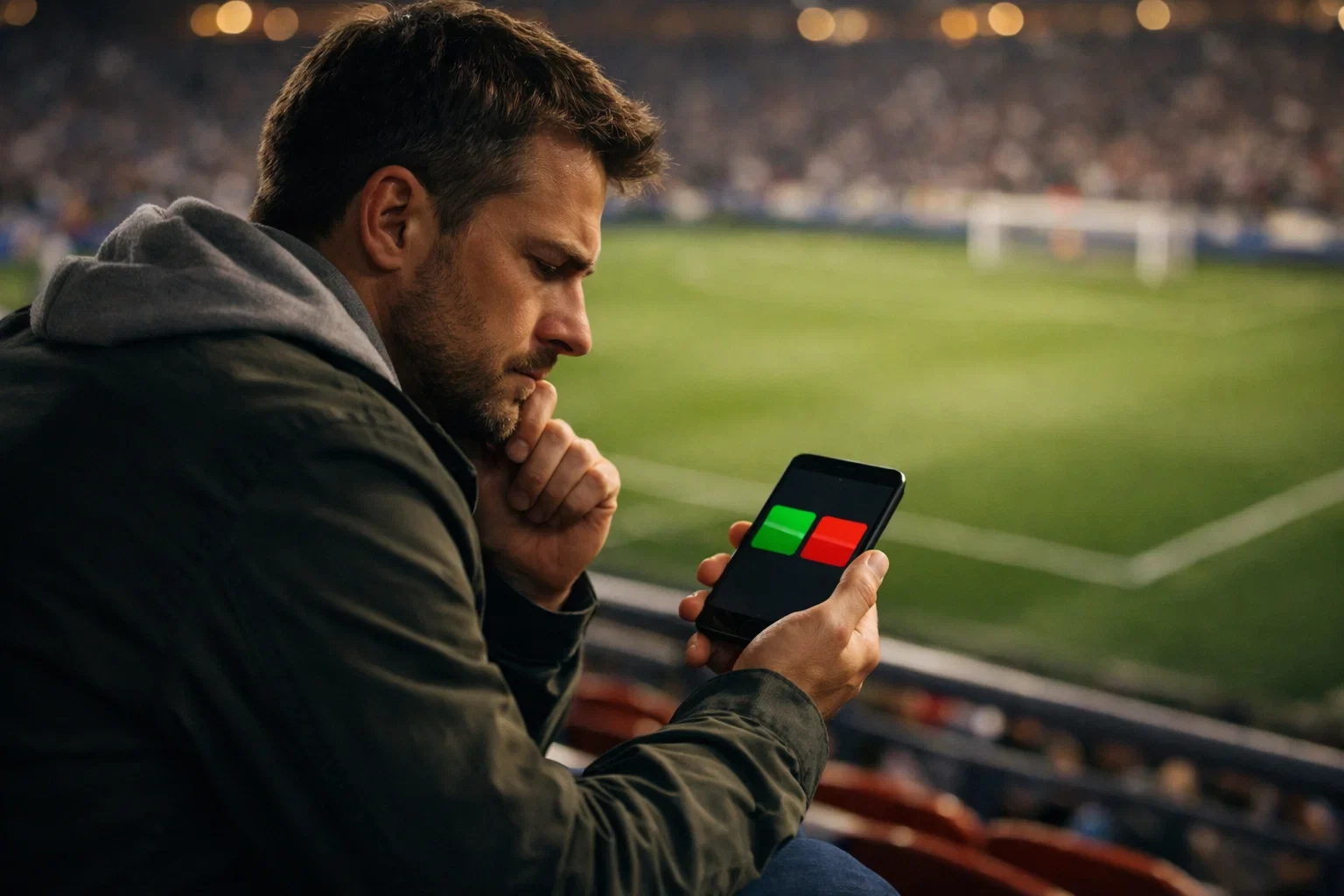 Sportwetter betrachtet Cash-Out-Option auf einem Bildschirm im Fußballstadion