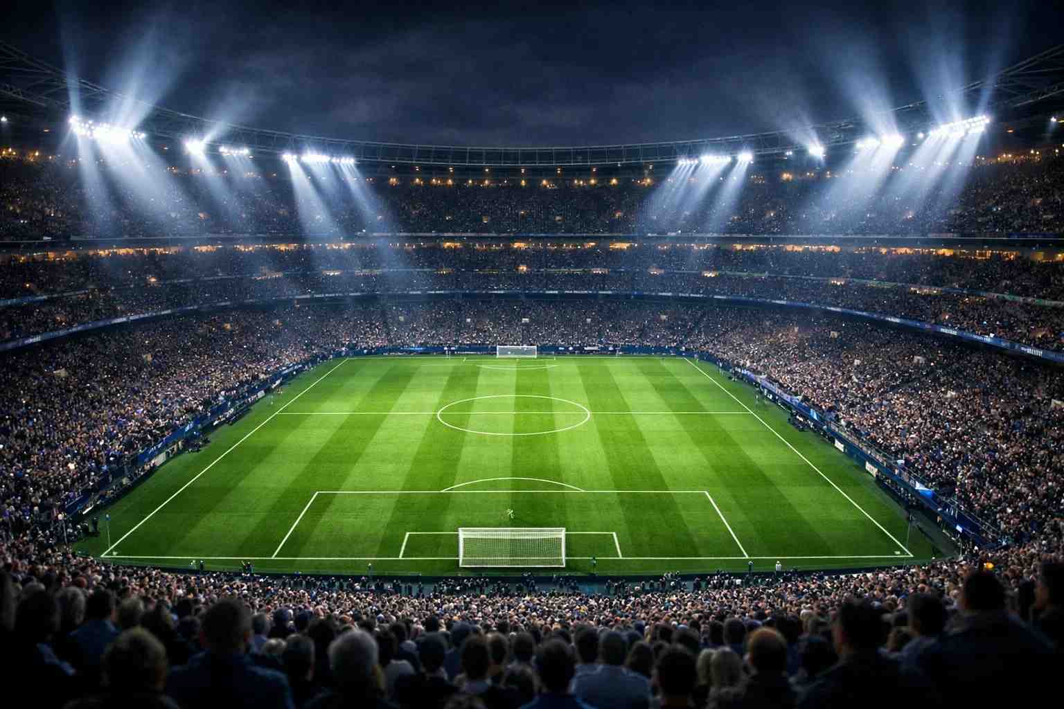 Fußballstadion bei Nacht mit Champions League Atmosphäre und Flutlicht