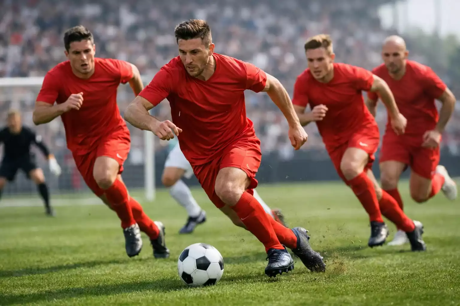 Fußballmannschaft in roten Trikots drängt nach vorne auf der Suche nach dem Ausgleich