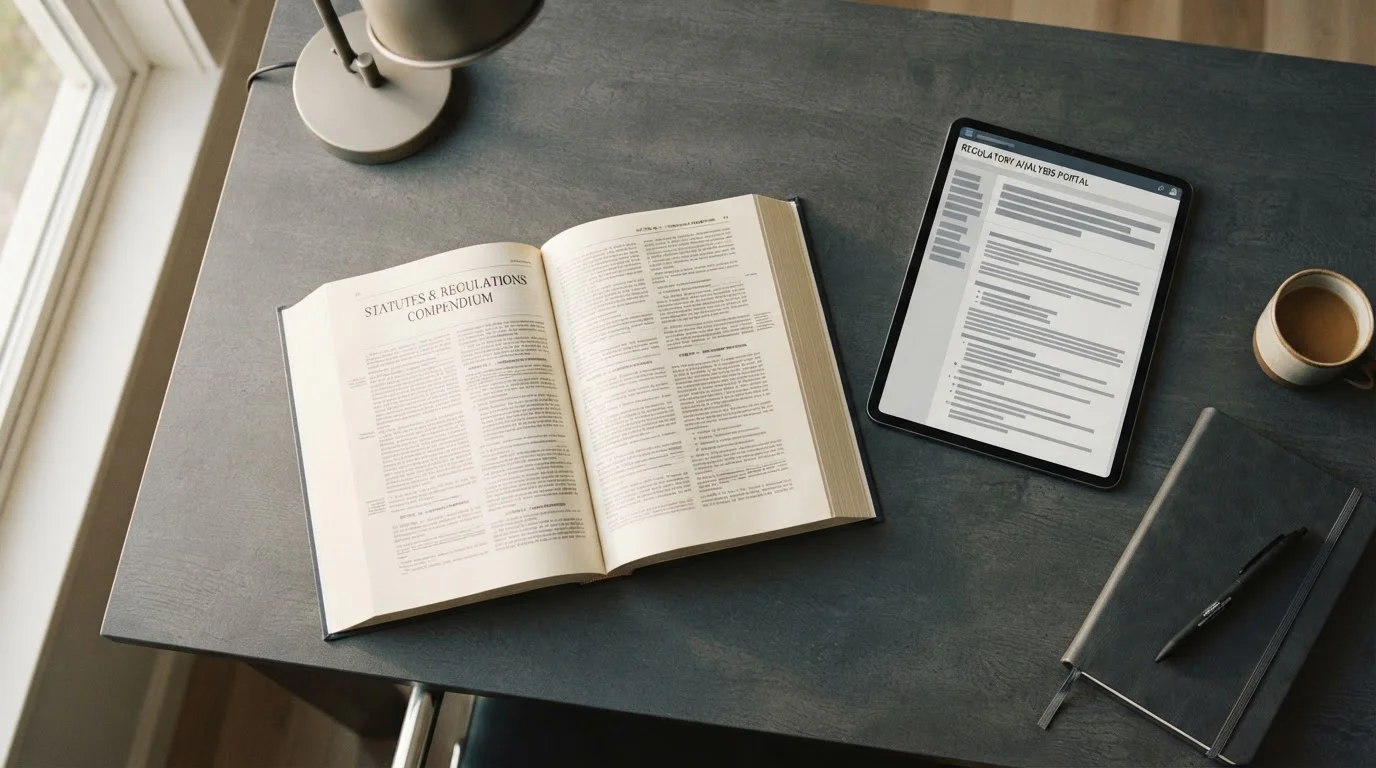 Offenes Gesetzbuch und Smartphone mit regulatorischen Dokumenten auf Schreibtisch