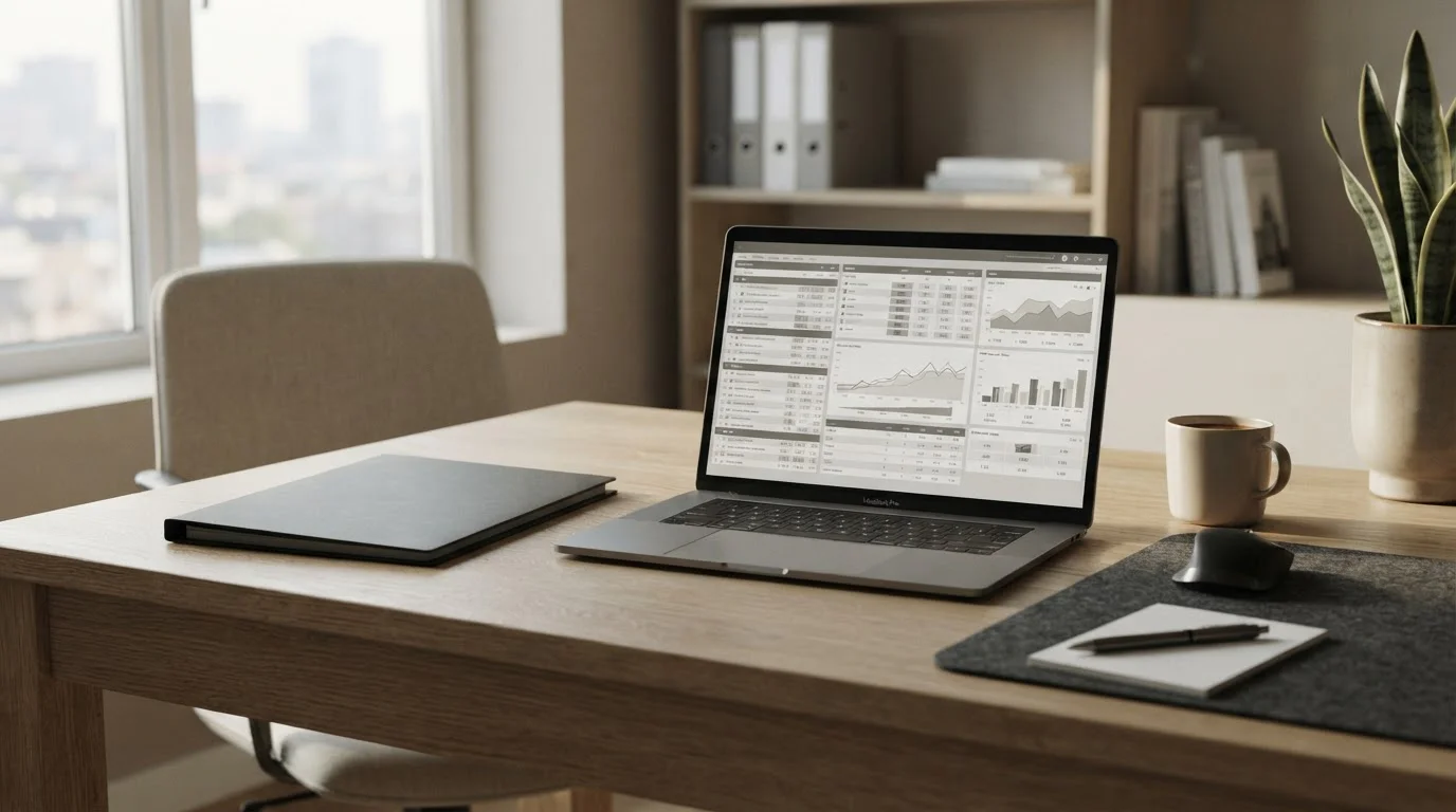 Ordner mit Dokumenten und Laptop auf Schreibtisch symbolisieren rechtliche Rahmenbedingungen