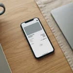 Smartphone mit Apple Pay Interface auf hellem Schreibtisch neben Laptop