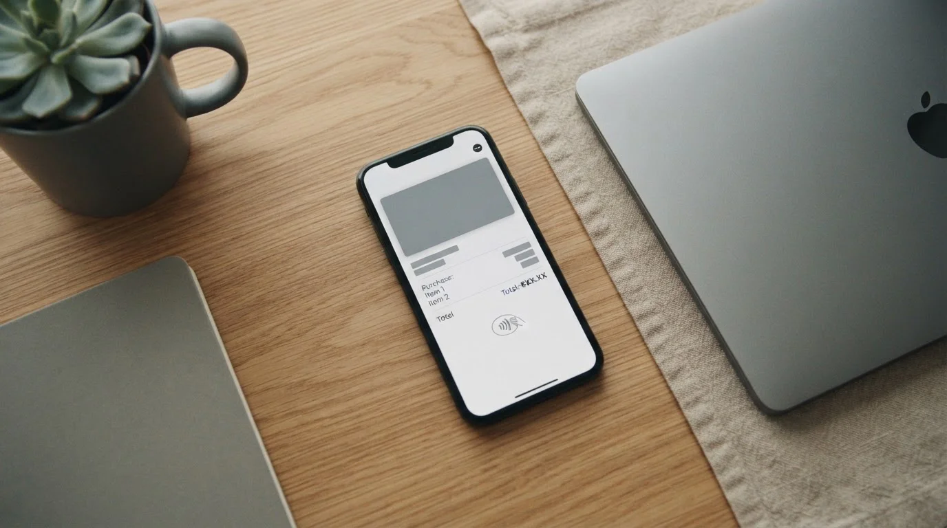 Smartphone mit Apple Pay Interface auf hellem Schreibtisch neben Laptop