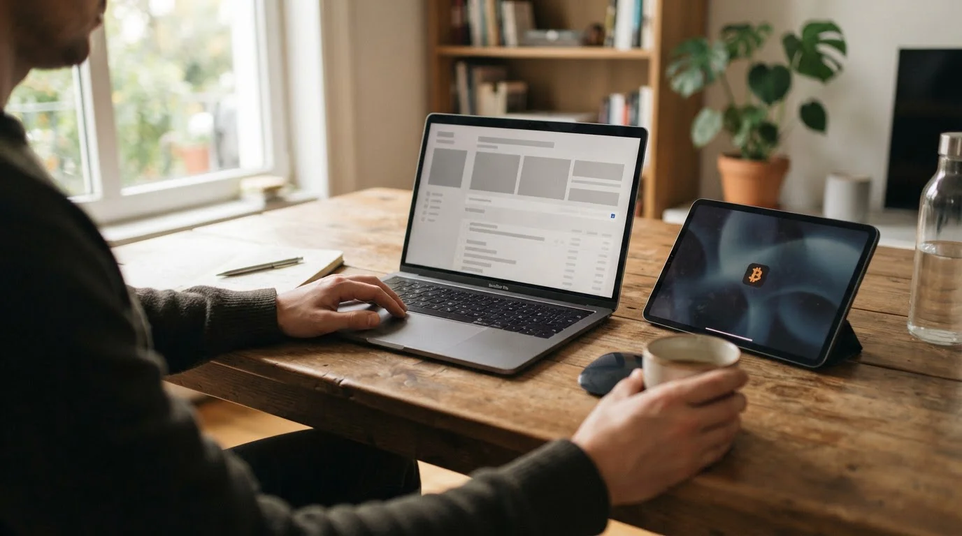 Laptop-Bildschirm mit abstrakter Wettplattform-Oberfläche und Bitcoin-Symbol im Hintergrund