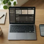 Smartphone mit abstrakter Krypto-Wallet-Oberfläche neben Laptop auf neutralem Schreibtisch