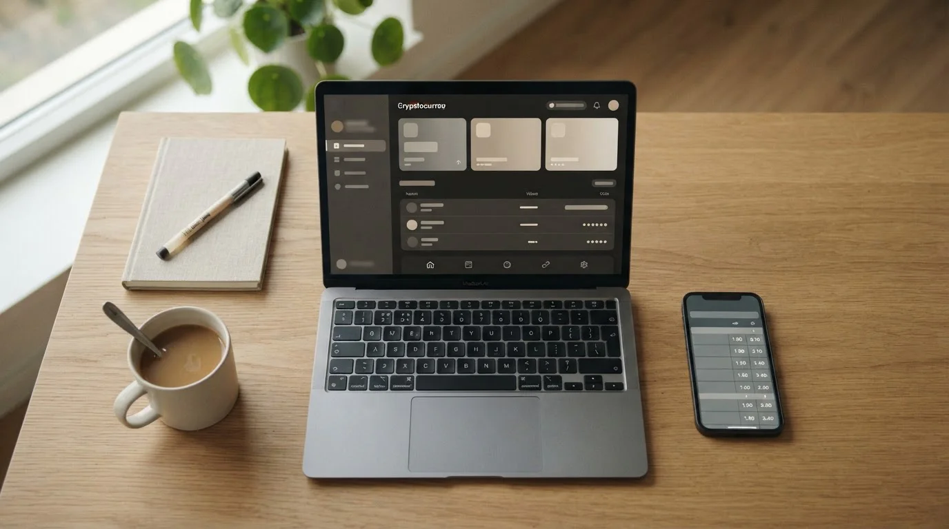 Smartphone mit abstrakter Krypto-Wallet-Oberfläche neben Laptop auf neutralem Schreibtisch