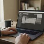 Laptop auf Schreibtisch mit neutraler Zahlungsseite und Mastercard-Symbol im Hintergrund