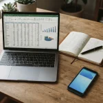 Smartphone mit MuchBetter-App neben Laptop auf Schreibtisch, Analyse von Wettanbietern im Hintergrund