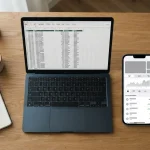 Smartphone mit neutraler Zahlungs-App neben Laptop auf hellem Schreibtisch