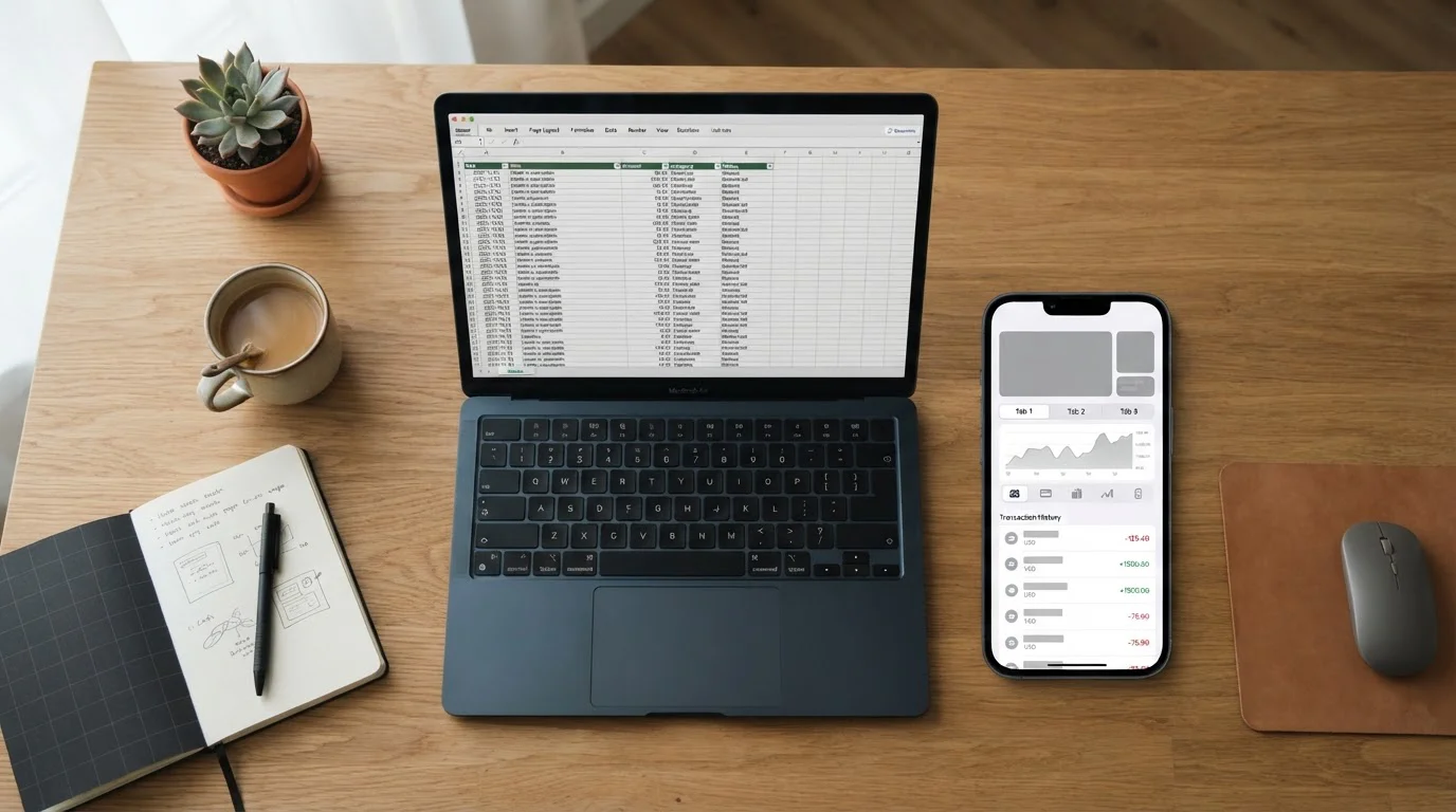 Smartphone mit neutraler Zahlungs-App neben Laptop auf hellem Schreibtisch