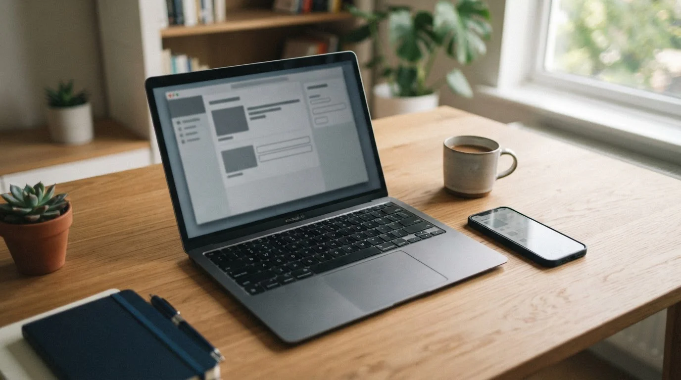 Laptop mit Zahlungsoptionen und Smartphone auf hellem Schreibtisch