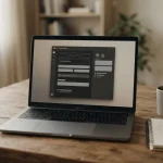 Laptop auf Schreibtisch mit abstrakten Registrierungsformularen und durchgestrichenen Feldern