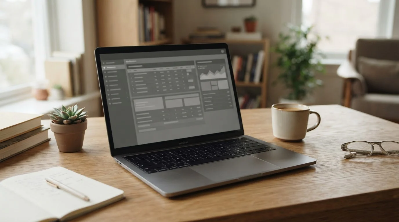 Laptop mit geöffneter Wettplattform auf neutralem Schreibtisch