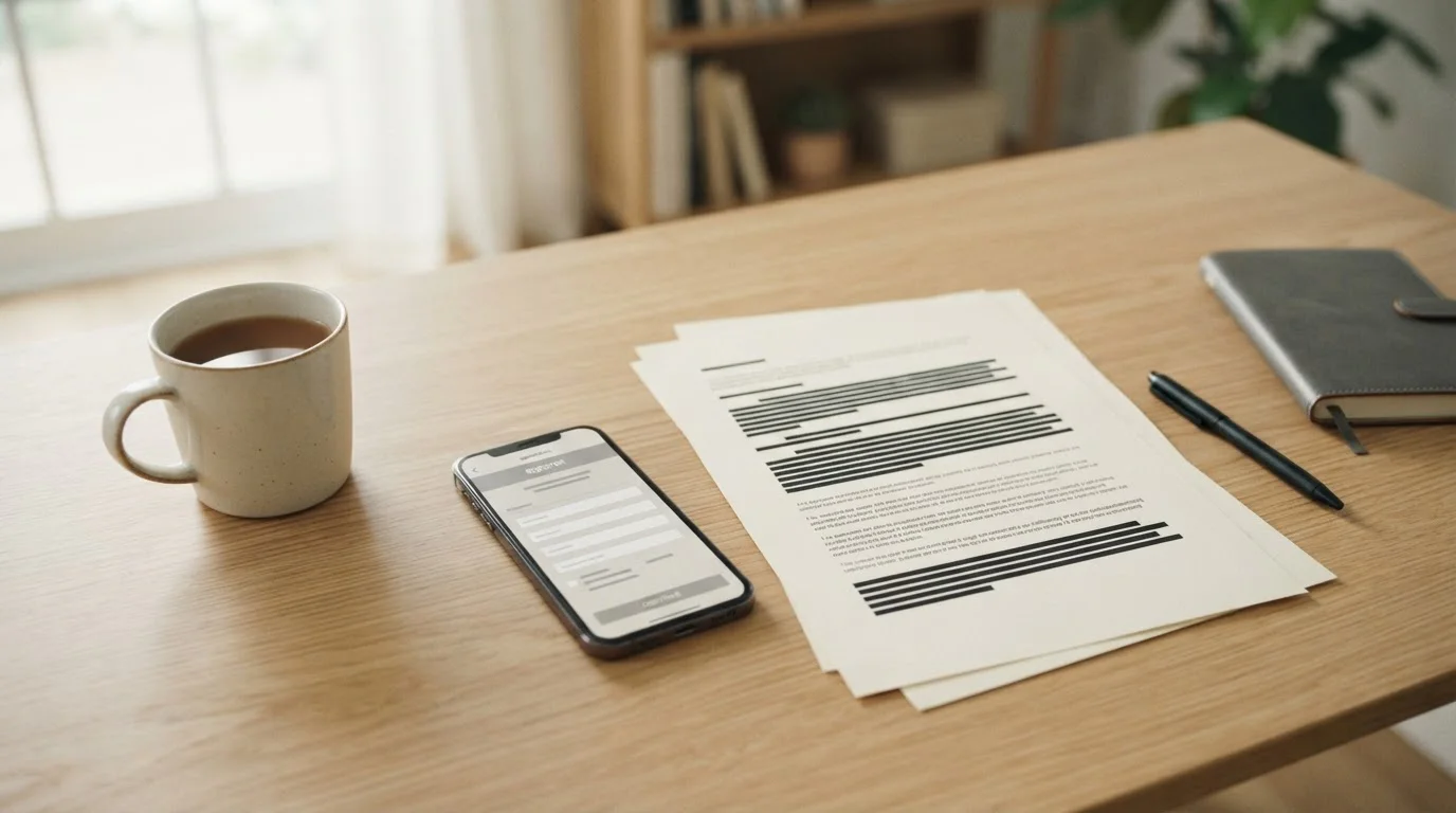 Smartphone mit neutraler Anmeldeoberfläche neben Dokumenten auf hellem Schreibtisch