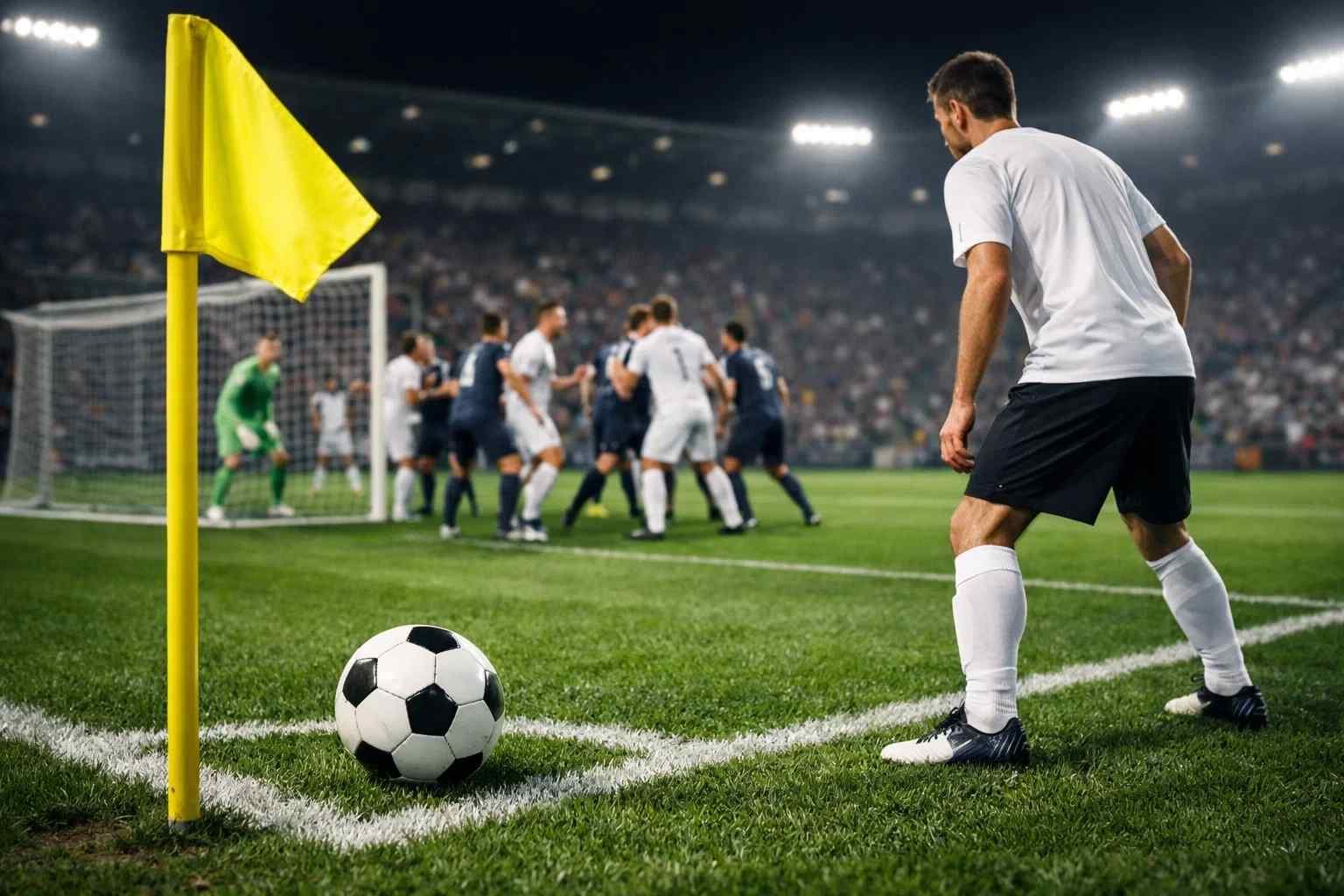 Eckballsituation im Fußball mit Spielern am Strafraum und Eckfahne