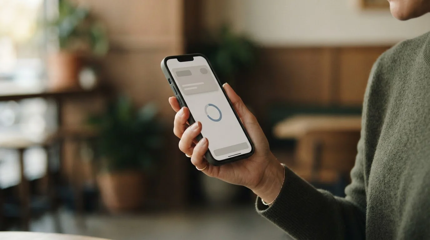 Smartphone zeigt Zahlungsvorgang mit Ladebalken und neutralem Interface