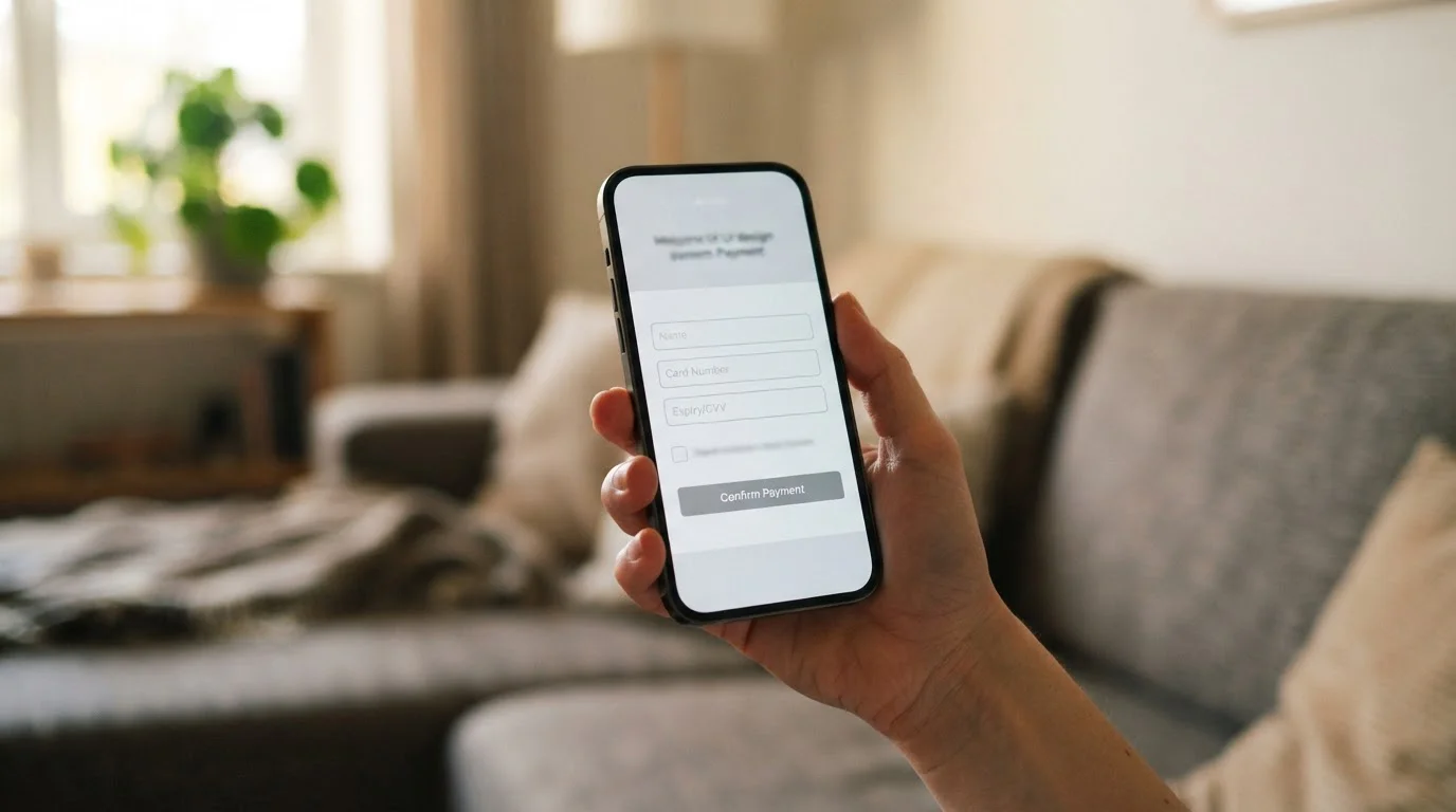 Smartphone in der Hand mit Zahlungsformular und abstrakten Eingabefeldern
