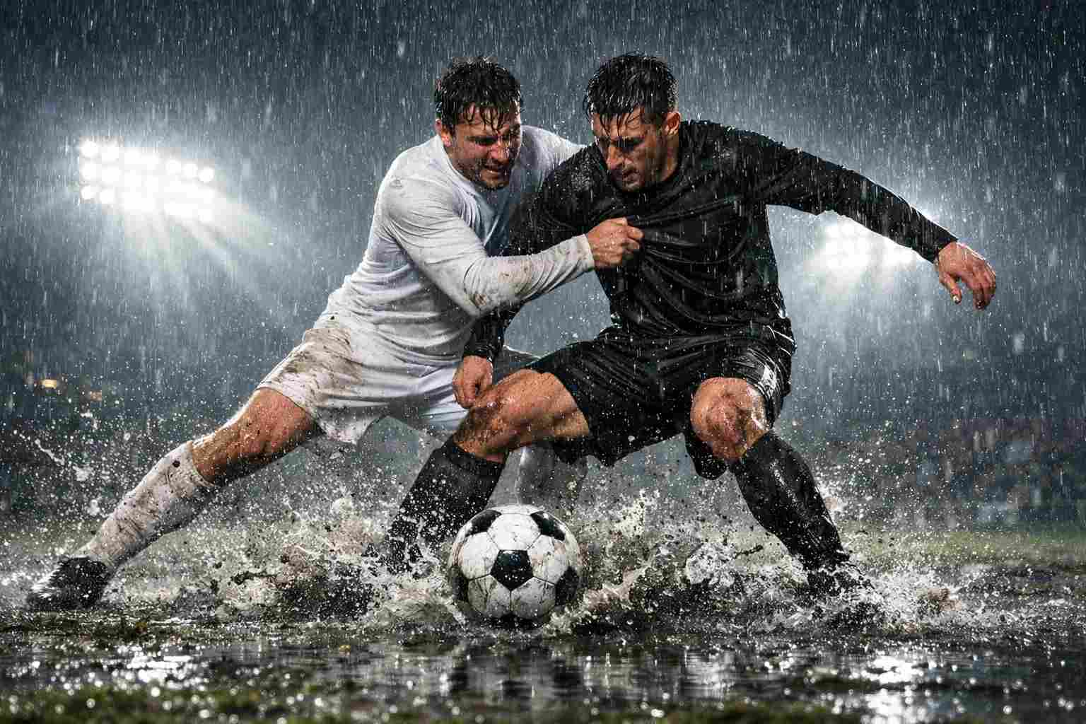 Fußballspieler kämpfen bei starkem Regen auf nassem Rasen um den Ball