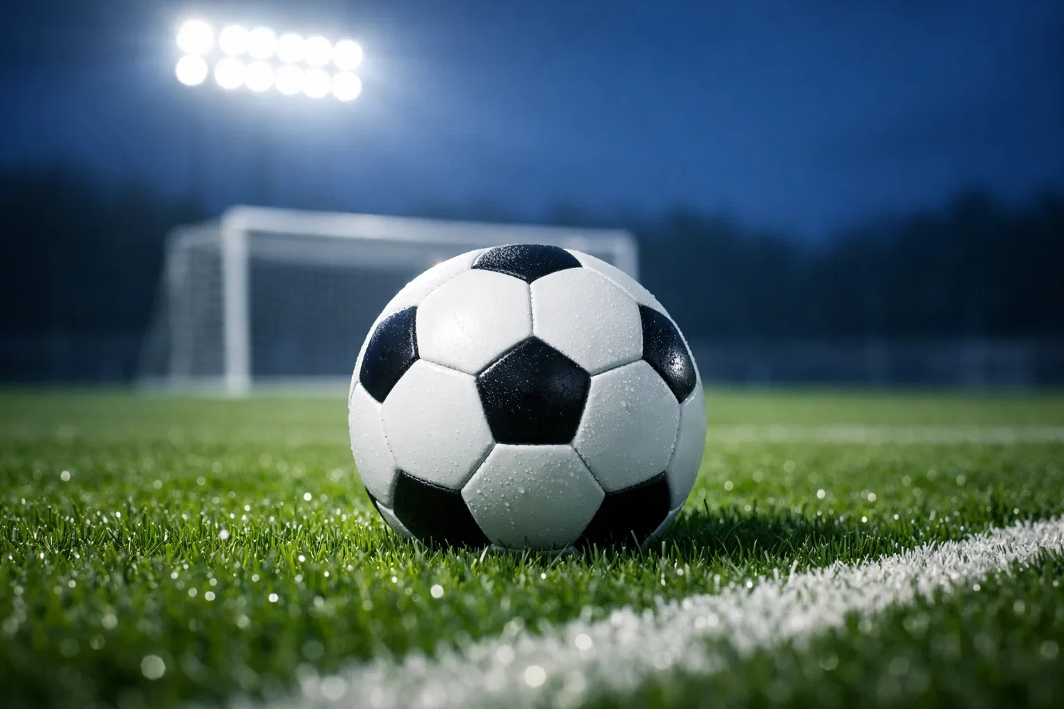 Fußball auf grünem Rasen mit Tornetz im Hintergrund bei Flutlicht